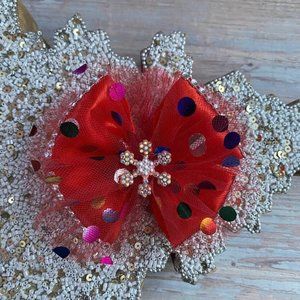 1pc Girls Red Satin & Organza Ribbon Mix Hair Bow | Party, New Year, Birthday